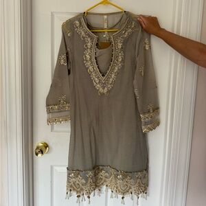 Ethnic pakistani grey and gold kurta with pearl accents